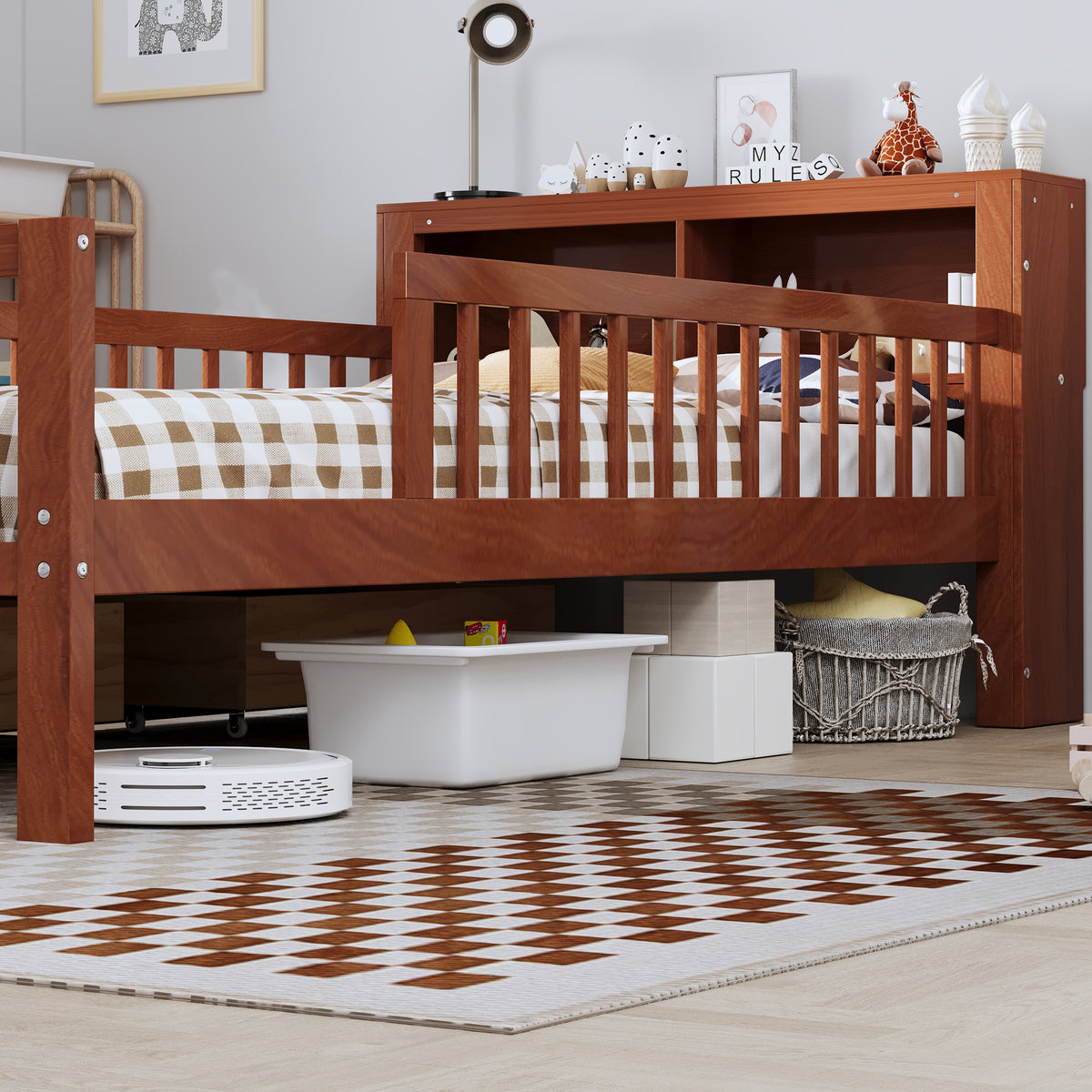 variant-group:rf-n733p272374d|Roomfitters Twin Bed with Headboard Storage Rack, Under-Bed Storage and Three-Side Guardrails, Walnut