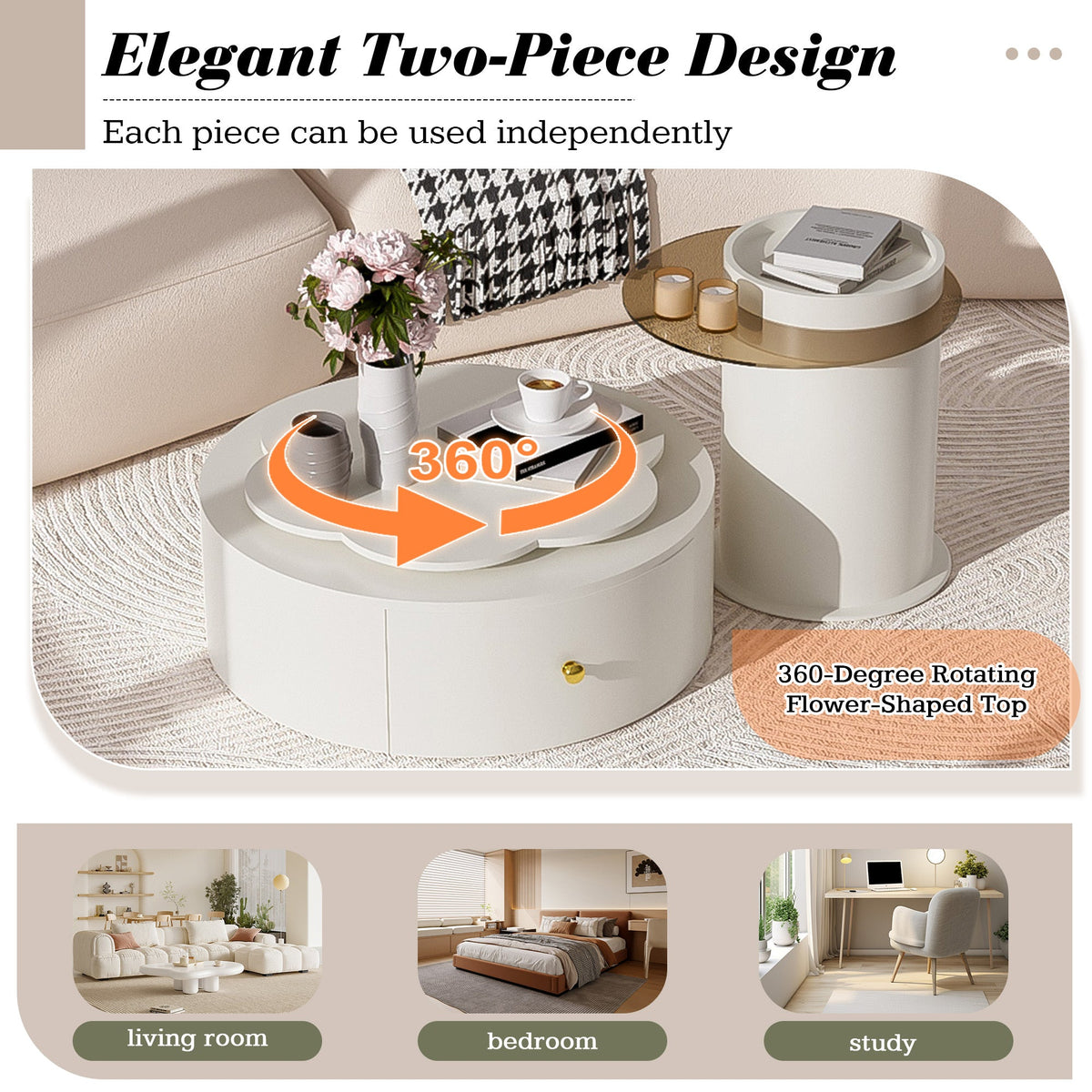 Roomfitters Rotatable Round Coffee Table Set of 2 with Flower-Shaped Top and Glass End Table, Off White Roomfitters