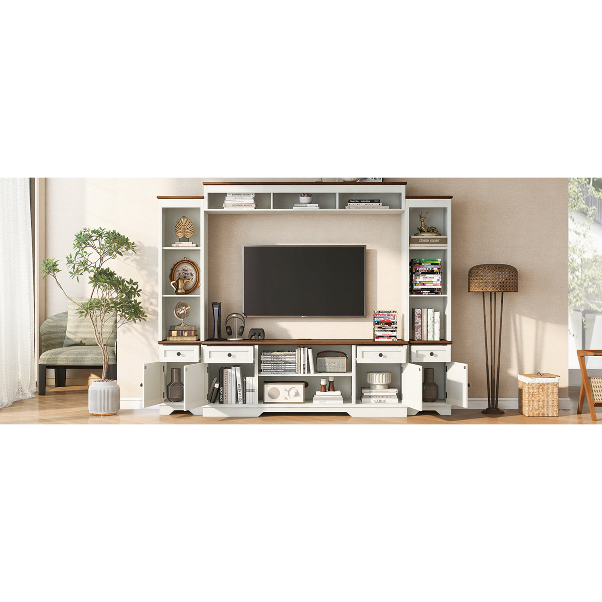 variant-group:rf-n724sj000154aak|Roomfitters 98.8"W Farmhouse Wall Unit Entertainment Center, 4 Barn Doors, White & Walnut