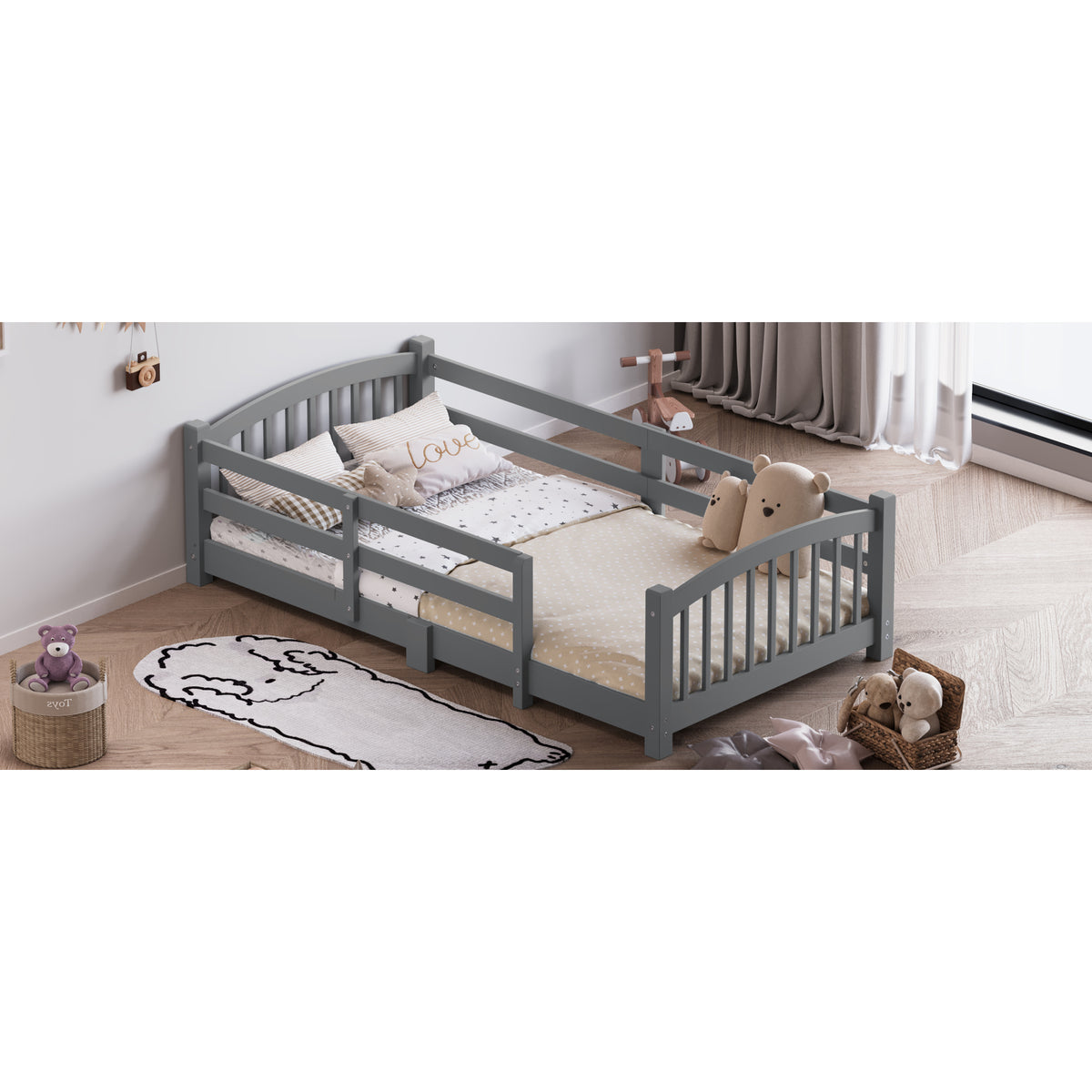 variant-group:rf-n733p400298e|Roomfitters Twin Montessori Floor Bed with Guardrails, Solid Wood Low Platform Bed with Slats, Easy Assembly, Gray