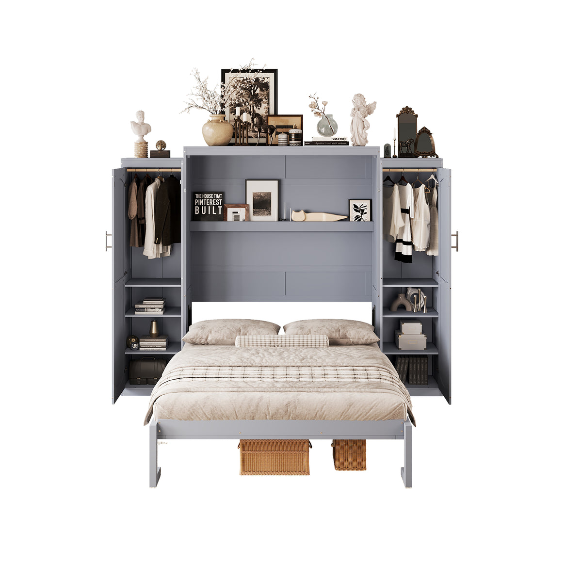 variant-group:rf-n733s235596e|Roomfitters Full Murphy Wall Bed with Two Wardrobes and Storage Shelf, Foldable Platform Bed Frame for Guest Room, Gray