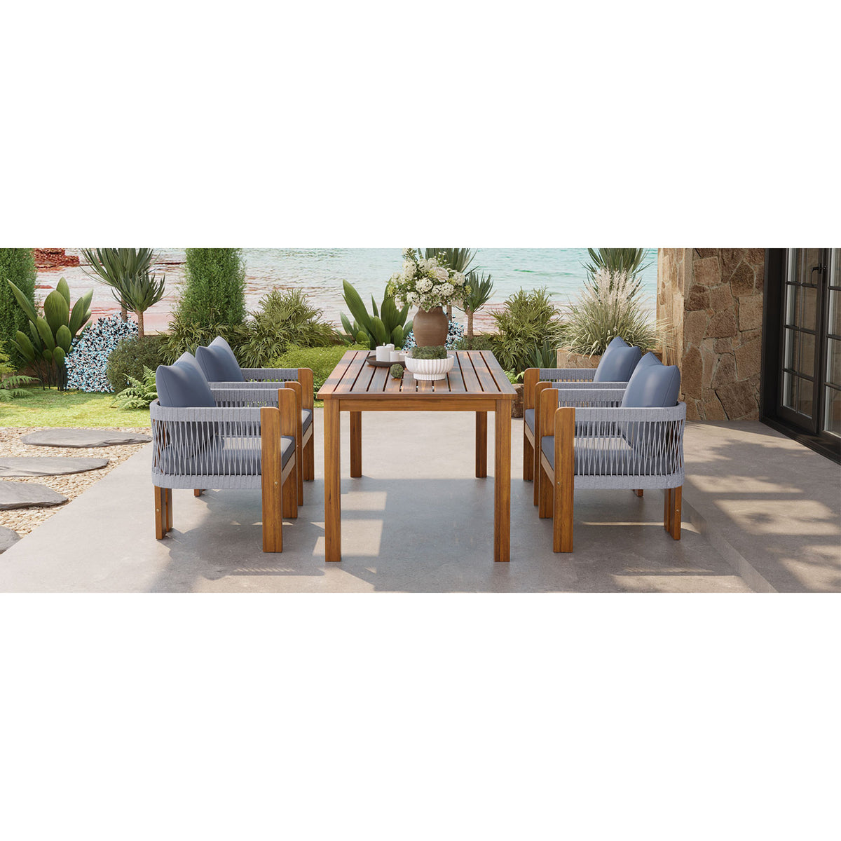 variant-group:rf-n711wy000496aae|Roomfitters 5-Piece Rope Woven Outdoor Dining Set, Farmhouse Solid Acacia Table, 4 Chairs Pack, Brown and Grey