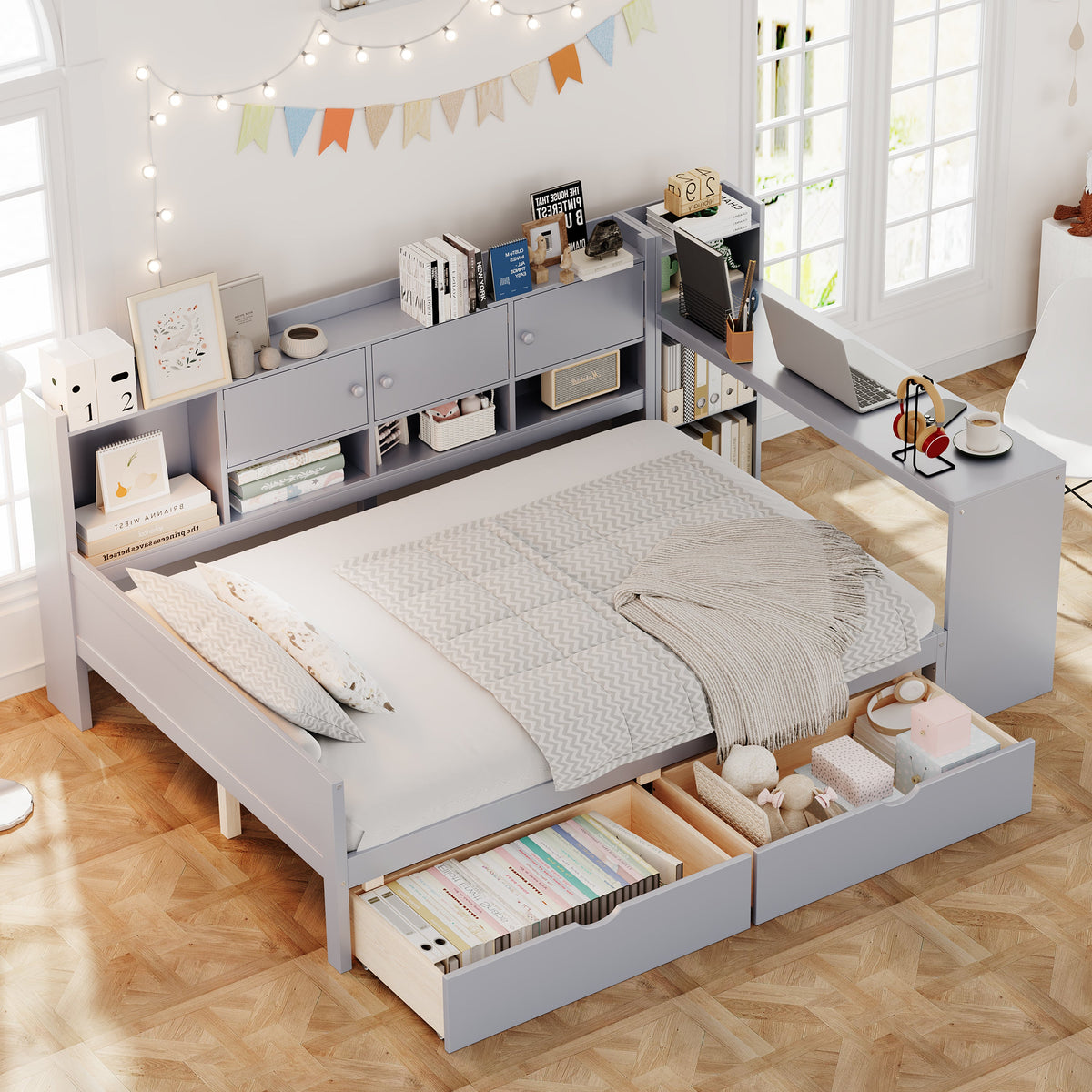 Roomfitters Full Size Wooden L-Shaped Daybed with 3 Cabinets, 2 Drawers, Desk and Bookshelf, Gray