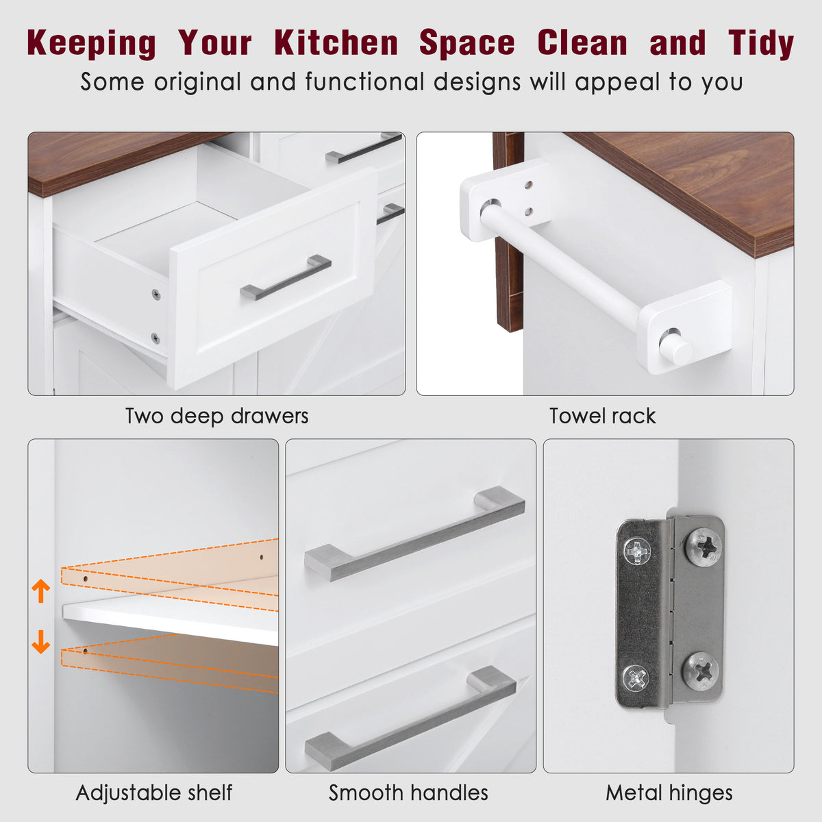 variant-group:rf-n707p307296w|Roomfitters 47.2" Farmhouse Kitchen Island with Drop Leaf, Tilt Trash Can Cabinet, Removable Mobile Side Racks, White