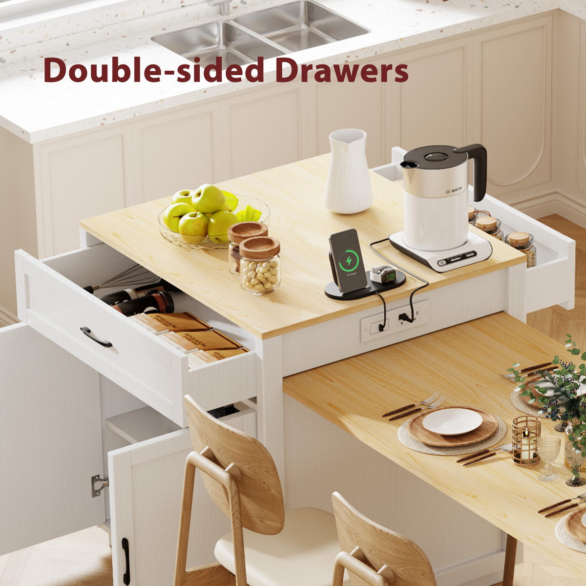 variant-group:rf-n707s000010w|Roomfitters 82.7" Kitchen Island with Extendable Table, Two-Tone Design, Double Storage, Power Outlet, White