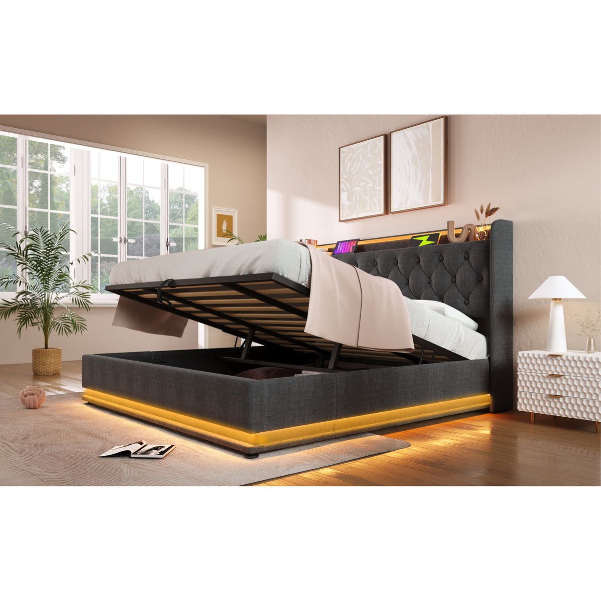 variant-group:rf-n736p188808g|Roomfitters King Size Upholstered Storage Bed with USB Type-C Charging and Remote Control, Linen Gray