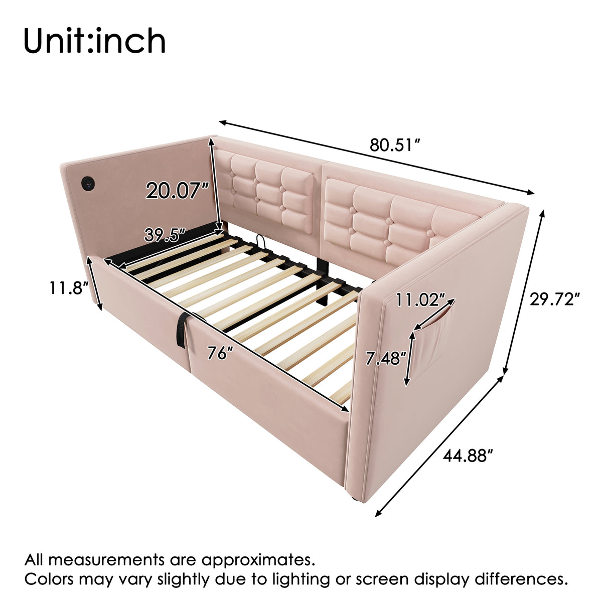 variant-group:rf-n736p303402p|Roomfitters Upholstered Twin Size Daybed with Storage, USB & Type-C Charging, Tufted Sofa Back, Velvet Pink