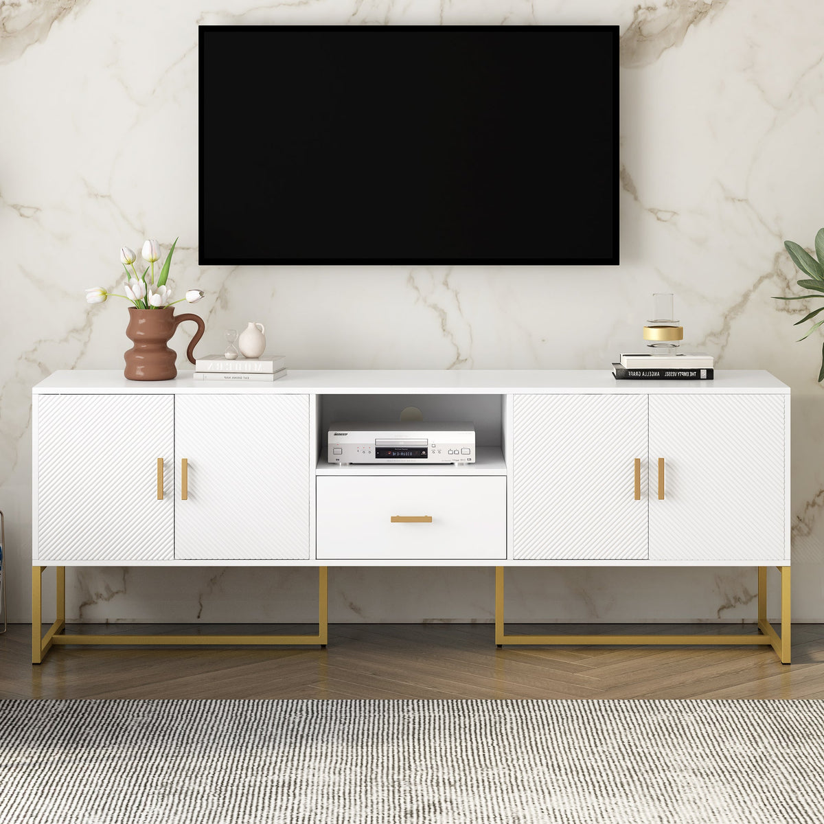 Roomfitters Modern TV Stand for up to 70 Inch TV, Media Cabinet with Drawer, Metal Legs and Safety Features, White Roomfitters