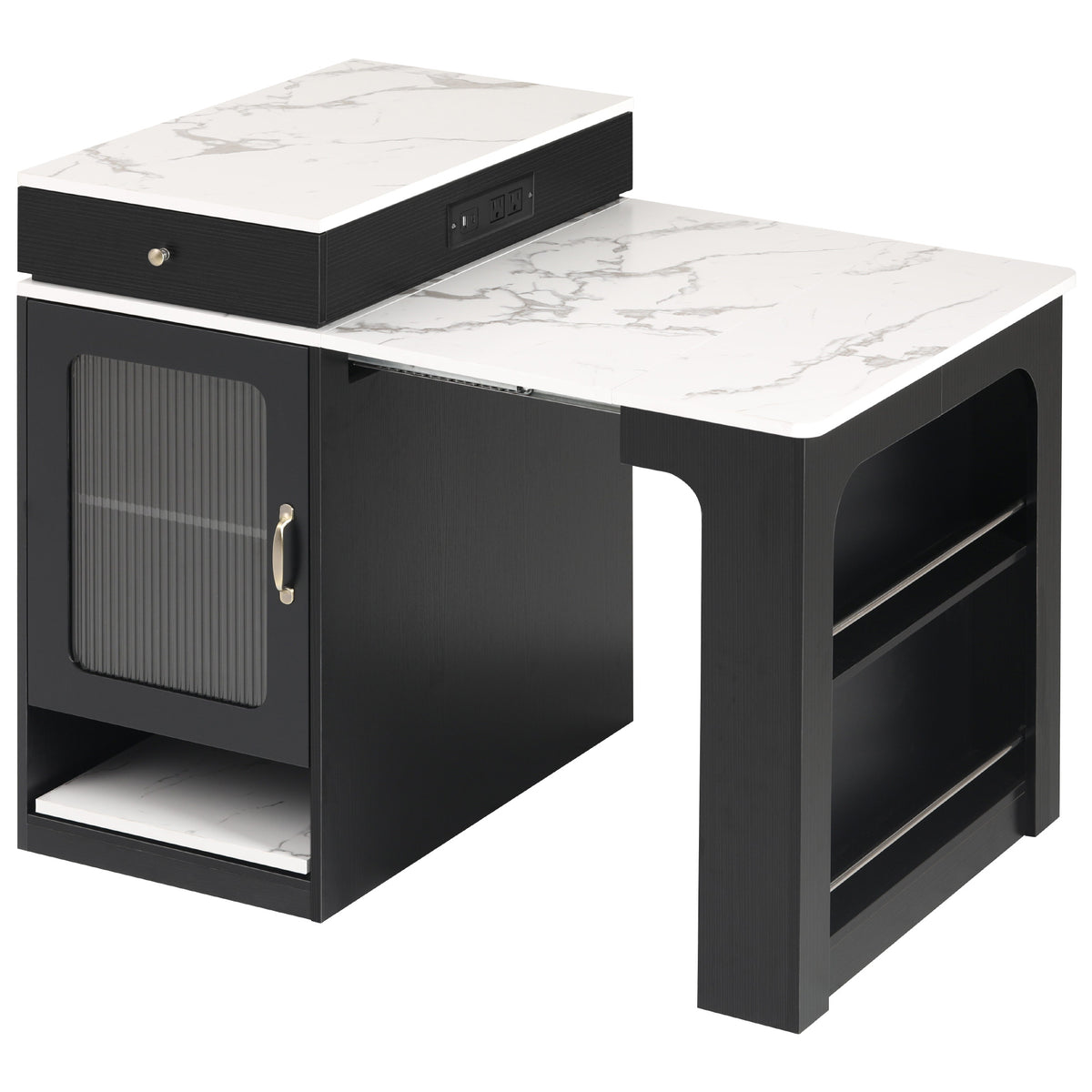 variant-group:rf-n707s000017b|Roomfitters 59.5" Kitchen Island with 41.8" Extendable Dining Table, Double-Sided Storage, Power Outlet, 2 Drawers, Black