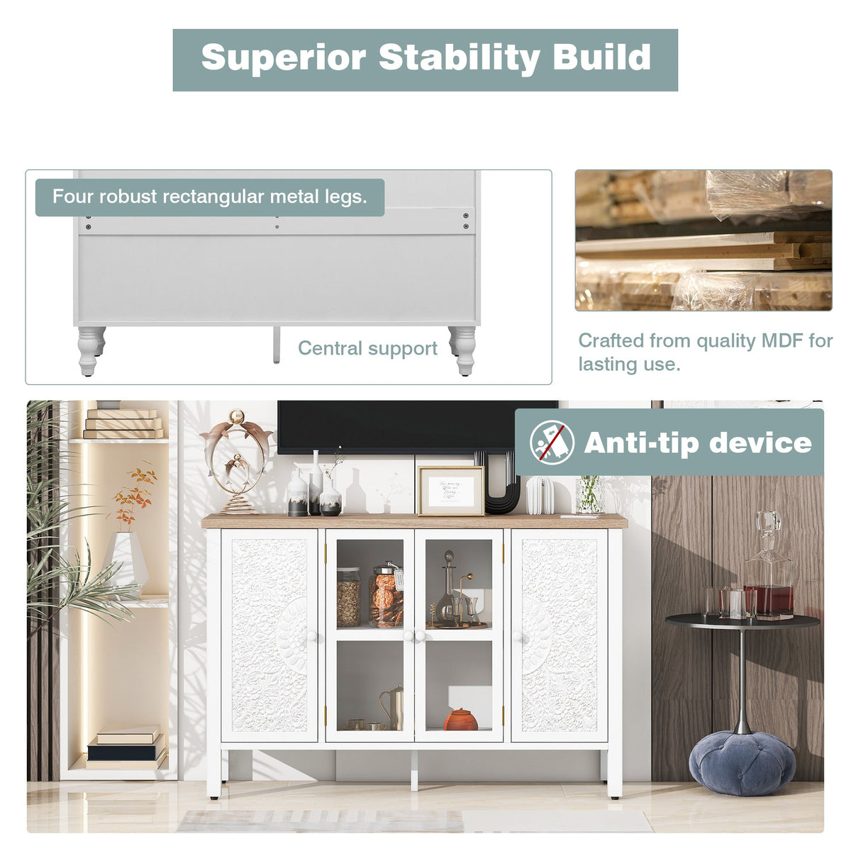 Roomfitters Retro TV Stand for up to 43 Inch TV, Media Console with Glass Cabinet Doors and Anti-Tip Safety Feature, White Roomfitters