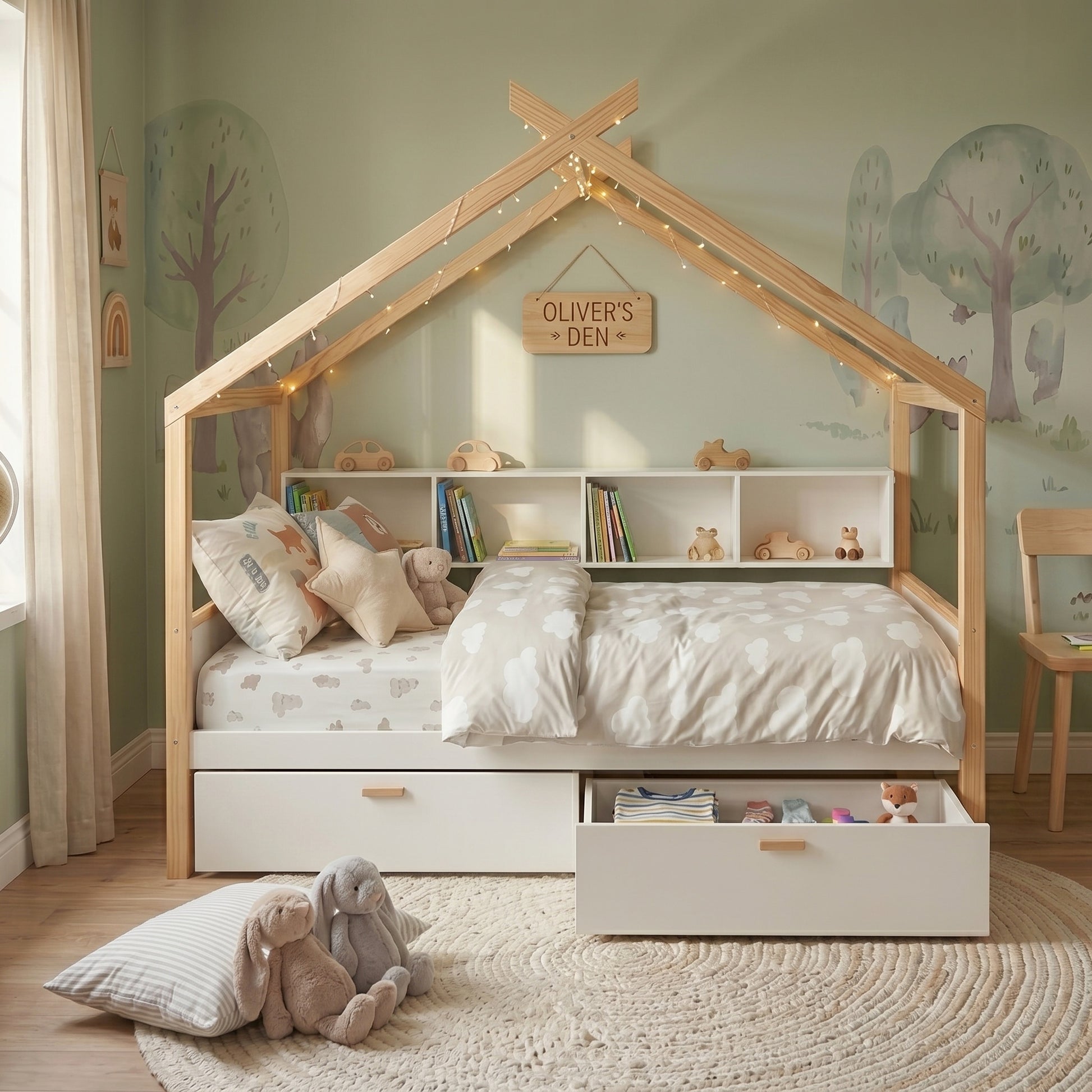 variant-group:rf-n701p443466k|Roomfitters Twin Size Wooden House Bed Frame with 2 Drawers, Bookshelf Storage Furniture, No Box Spring, White Natural