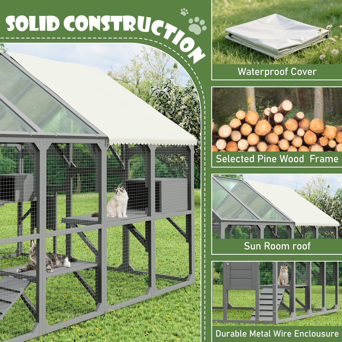 Roomfitters Large Catio Outdoor Cat Enclosure Wooden Cat House with 7 Platforms 2 Resting Boxes and Bridge Gray Roomfitters