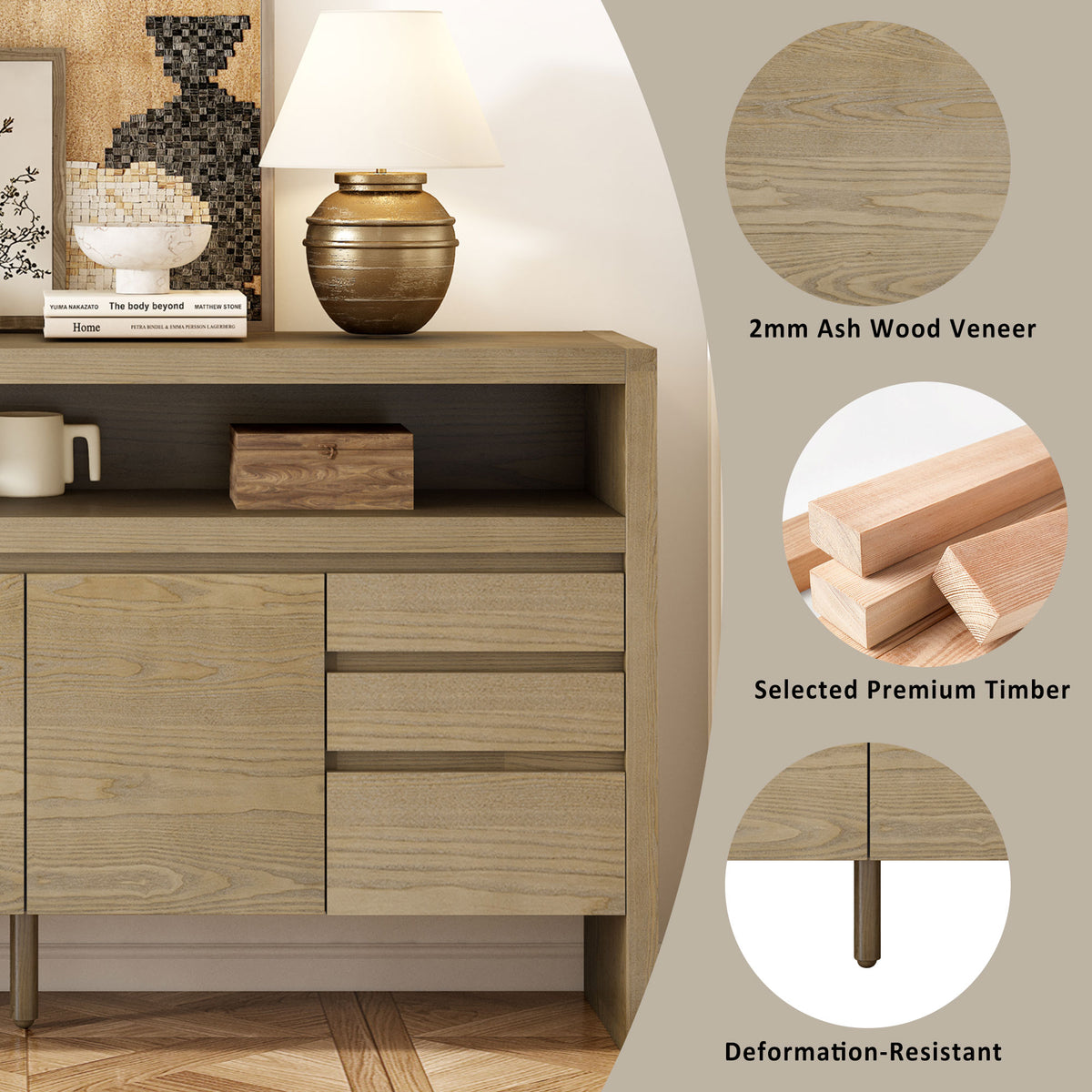 variant-group:rf-n711p289141o|Roomfitters 60" Modern Solid Wood Veneer Sideboard with 3 Doors & 3 Drawers, Open Shelf & Cable Cutout, Large Storage Cabinet for Dining, Hallway, Living Room, Natural