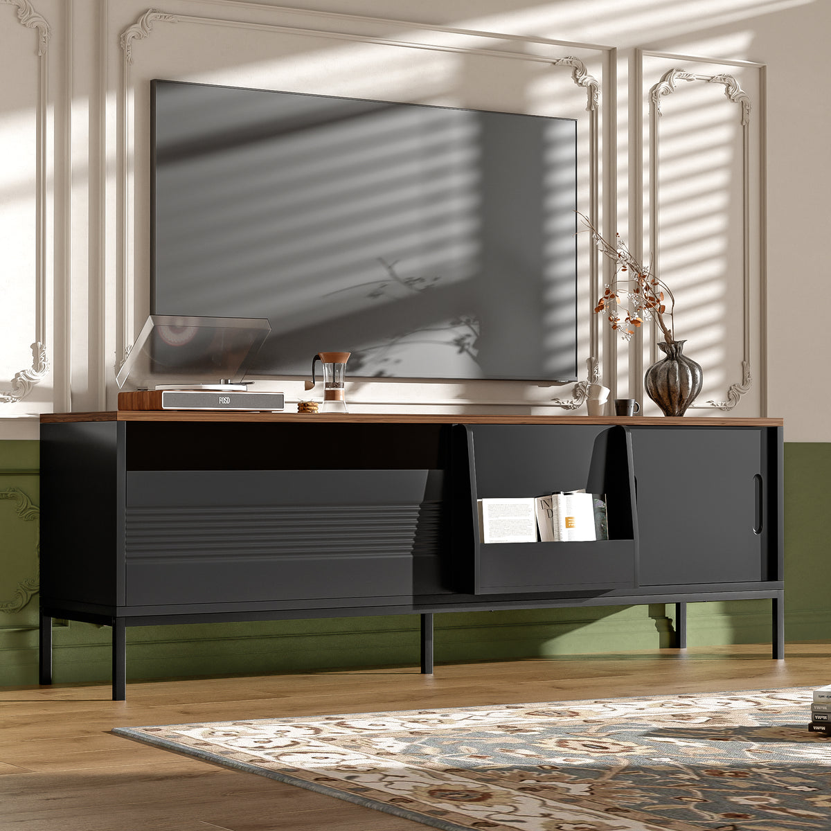 variant-group:rf-n724p360370b|Roomfitters Mid-Century Modern 70" TV Stand Console with Sliding Doors, Black