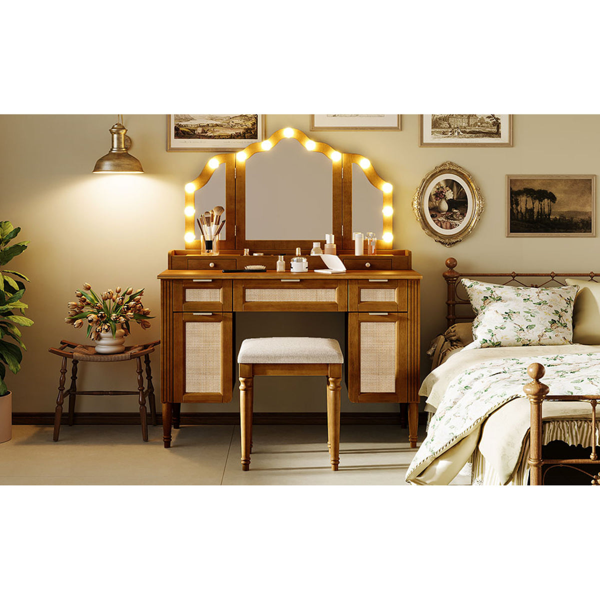 variant-group:rf-n704p342558p|Roomfitters 44-Inch Bohemian Makeup Vanity Desk with 13 Hollywood Bulbs Tri-Fold Mirror and Bamboo Drawers Espresso