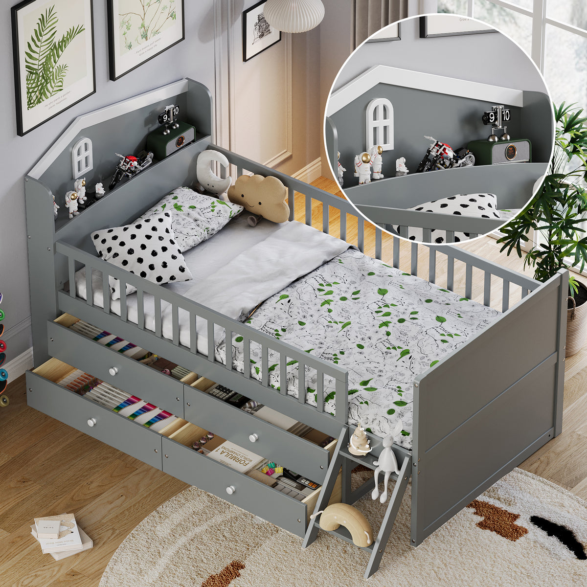 variant-group:rf-n733s278032e|Roomfitters Twin Platform Bed Frame with Four Drawers, Wooden Kids Bed with Guardrail Headboard and Ladder, Gray