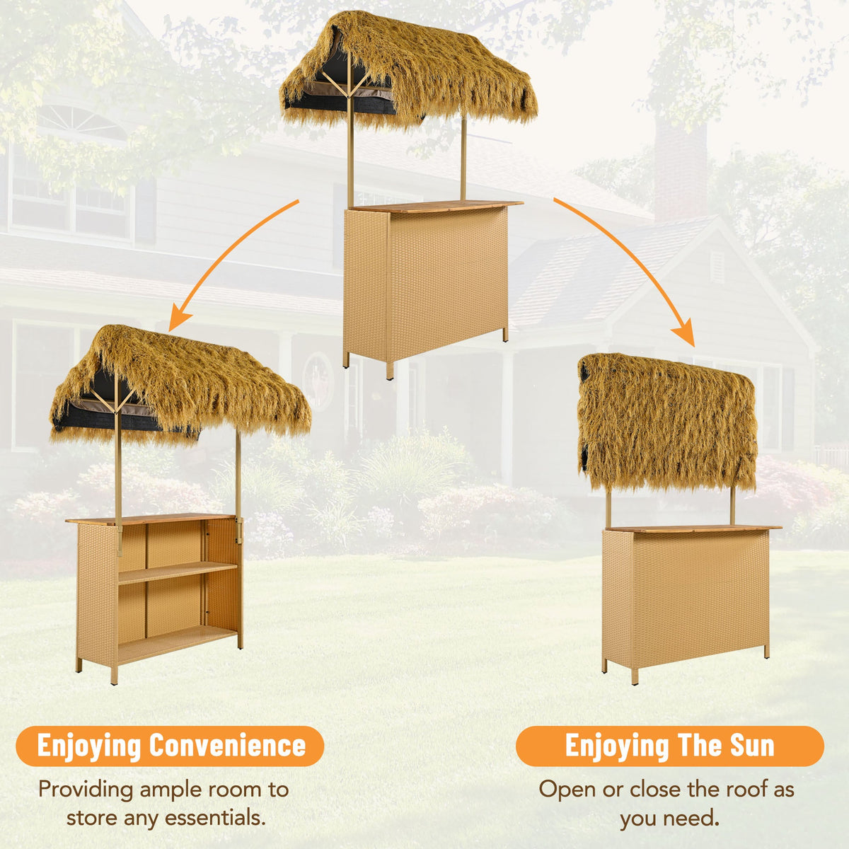 Roomfitters Bar Height Patio Set with PE Grass Canopy, Outdoor Bar Table and Stools, Hawaiian-style Acacia Wood Top, Natural Roomfitters