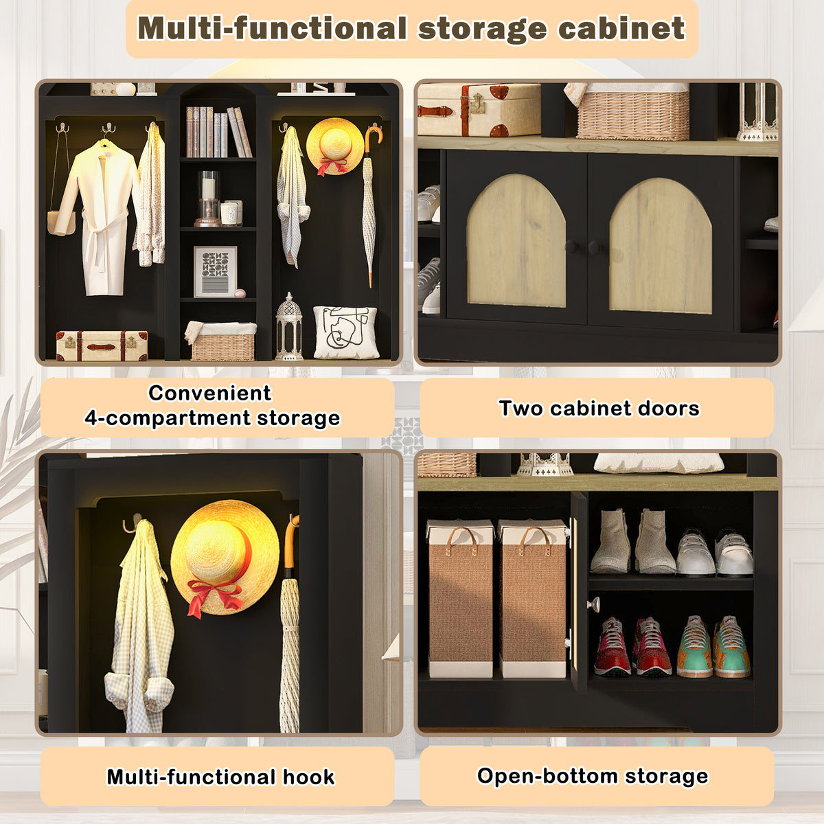 variant-group:rf-n724sj000158aab|Roomfitters Multi-Functional Curved Entrance Wardrobe, Hall Tree, Black & Natural