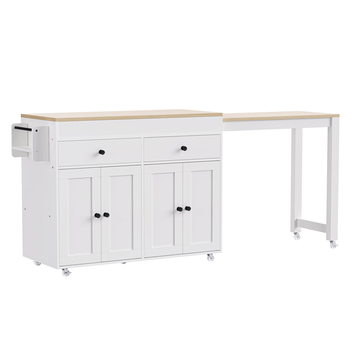 variant-group:rf-n707p333291w|Roomfitters 74.8" Rolling Kitchen Island with Extendable Dining Table, Mobile Cart with 4 Doors, 2 Drawers & Spice Rack, White