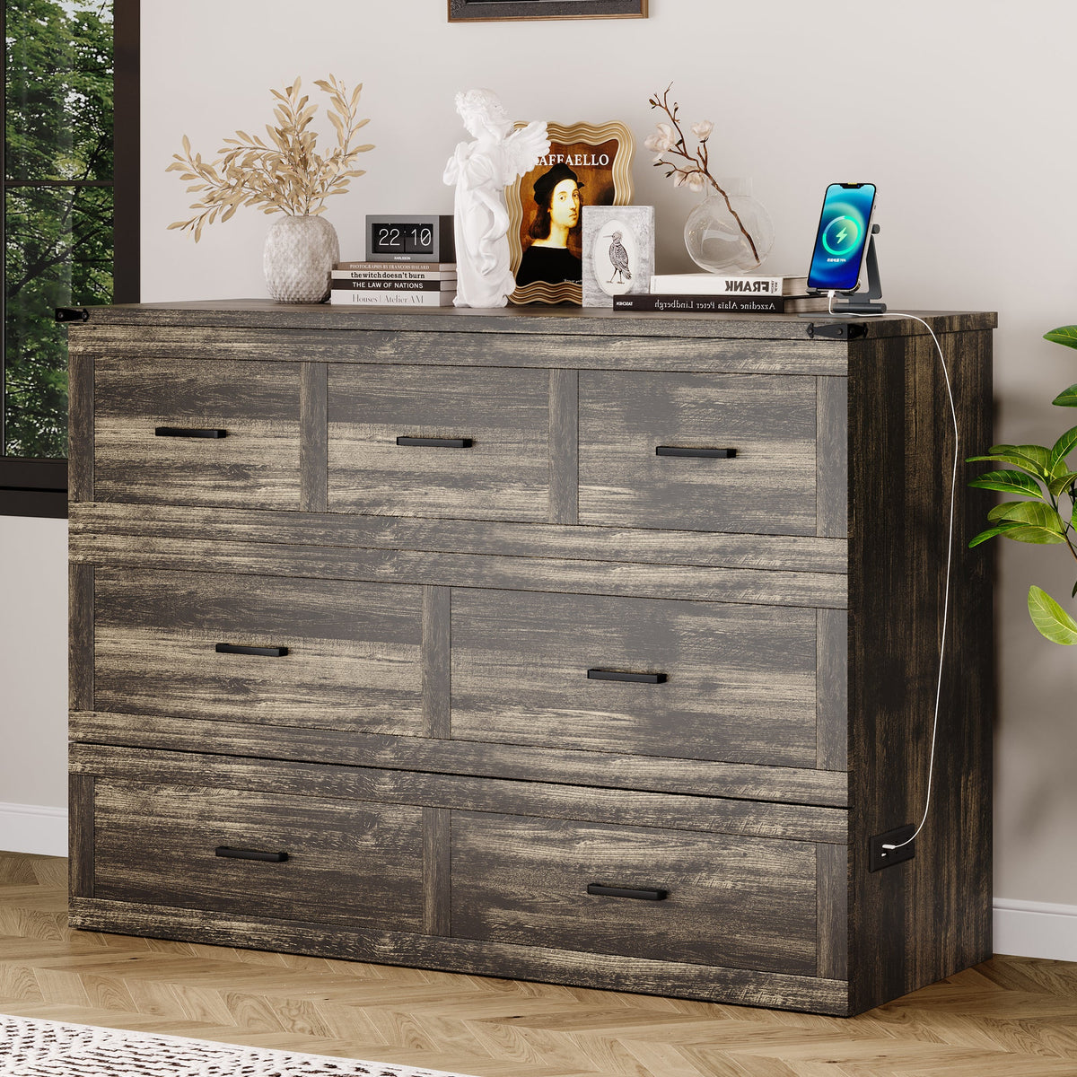 Roomfitters Queen Size Murphy Bed Cabinet with Charging Station, Foldable Platform Bed with Storage Drawer, Rustic Gray