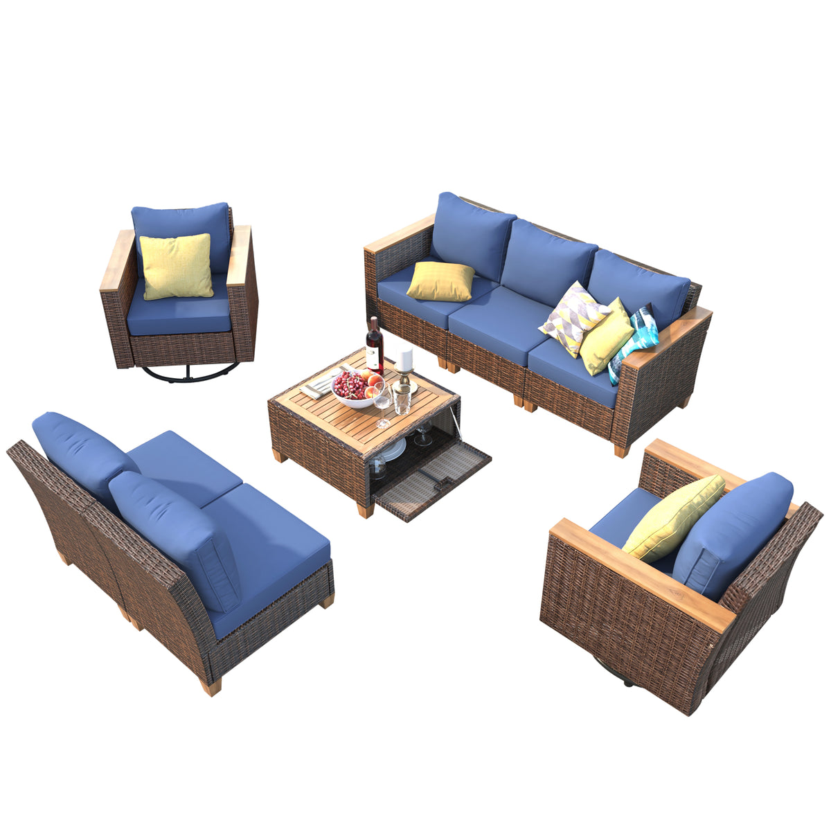variant-group:rf-n707s005016e|Roomfitters 8-Piece Patio Furniture Set with 360 Swivel Rocker Chairs, Modular Outdoor Sectional Sofa & Table, Blue+Brown