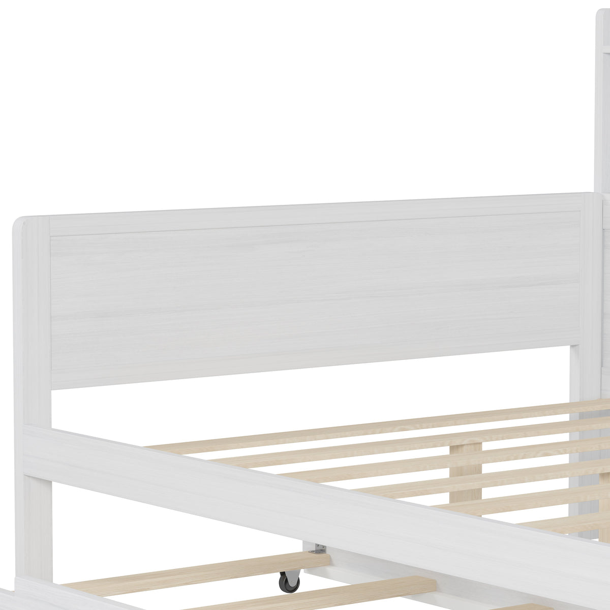 Roomfitters Wooden Full Size Daybed with Storage Shelves, Multi-functional Bed with Twin Size Trundle Bed and Study Desk, Antique White