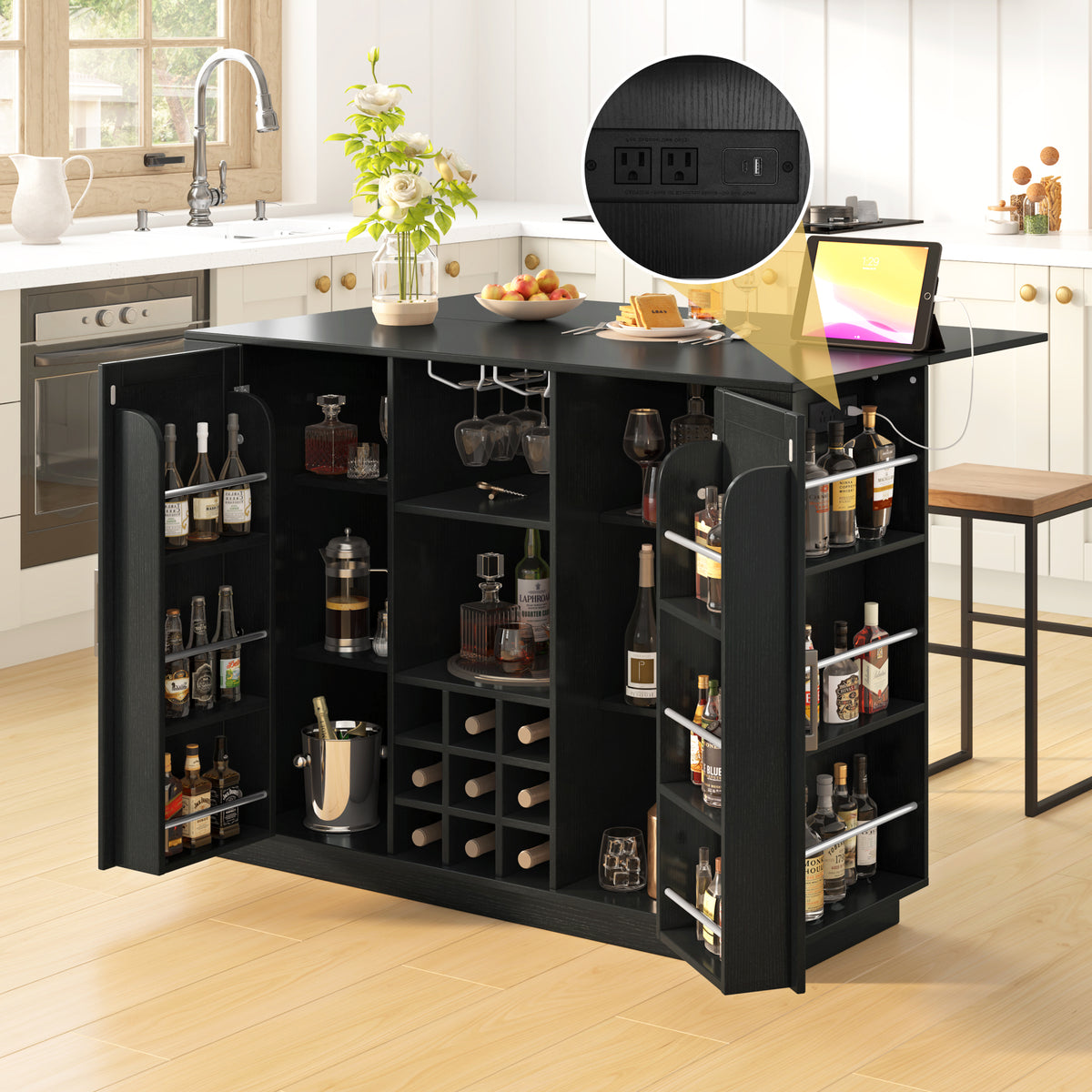 variant-group:rf-n711p437715b|Roomfitters 47.2-Inch Counter Height Bar Cabinet, Black Sideboard Buffet Table, Foldable Drop Leaf, Built-In Power