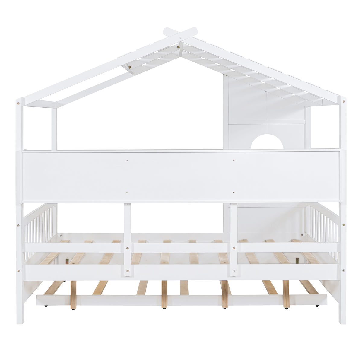 variant-group:rf-n733s316125k|Roomfitters Wooden Full Size House Bed with Trundle and Storage Shelf, White