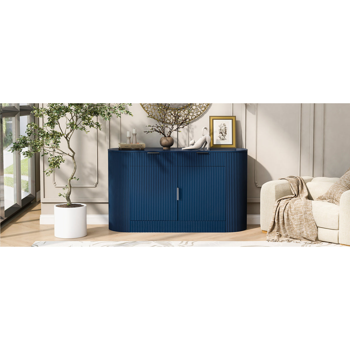 variant-group:rf-n711p345168v|Roomfitters 55.1" Oval Sideboard Buffet Cabinet with 2 Drawers & Wine Rack, Mid-century Modern Fluted Accent for Dining, Blue