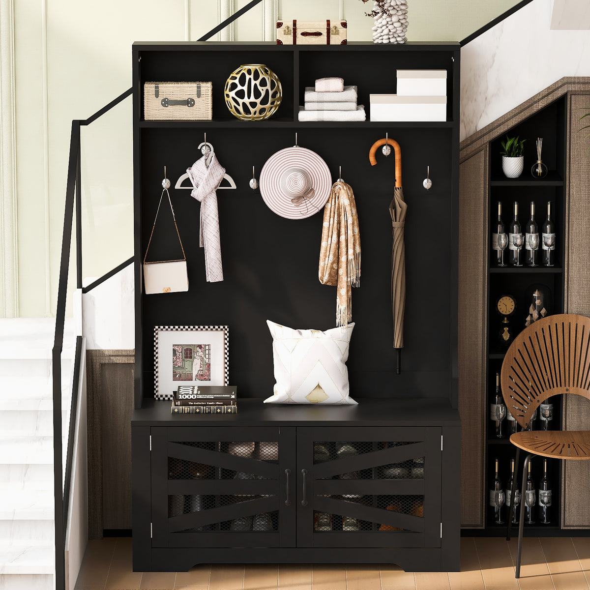 variant-group:rf-n724p264668b|Roomfitters 3-in-1 Entryway Bench with Coat Rack, Adjustable Shelves and 7 Hooks, 43.3" Hall Tree for Entrance or Living Room, Black