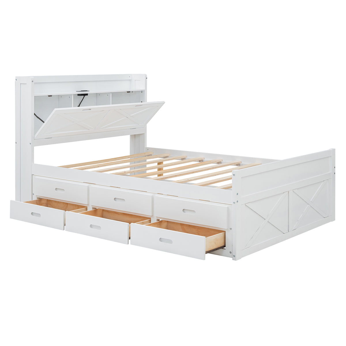 variant-group:rf-n733s172712k|Roomfitters Full Size Wooden Bed with Storage Headboard, Integrated Outlets, Extendable Frame with Twin Trundle and Additional Storage, White
