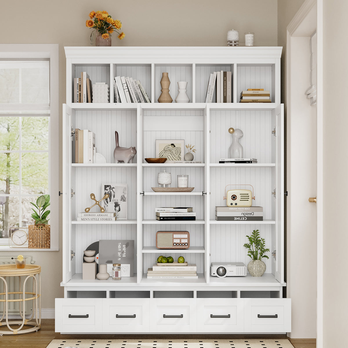 variant-group:rf-n724sj000139aak|Roomfitters 78.7" Hall Tree with Bench, 5 Cubbies, 4 Doors, 5 Drawers, Adjustable Shelves, White