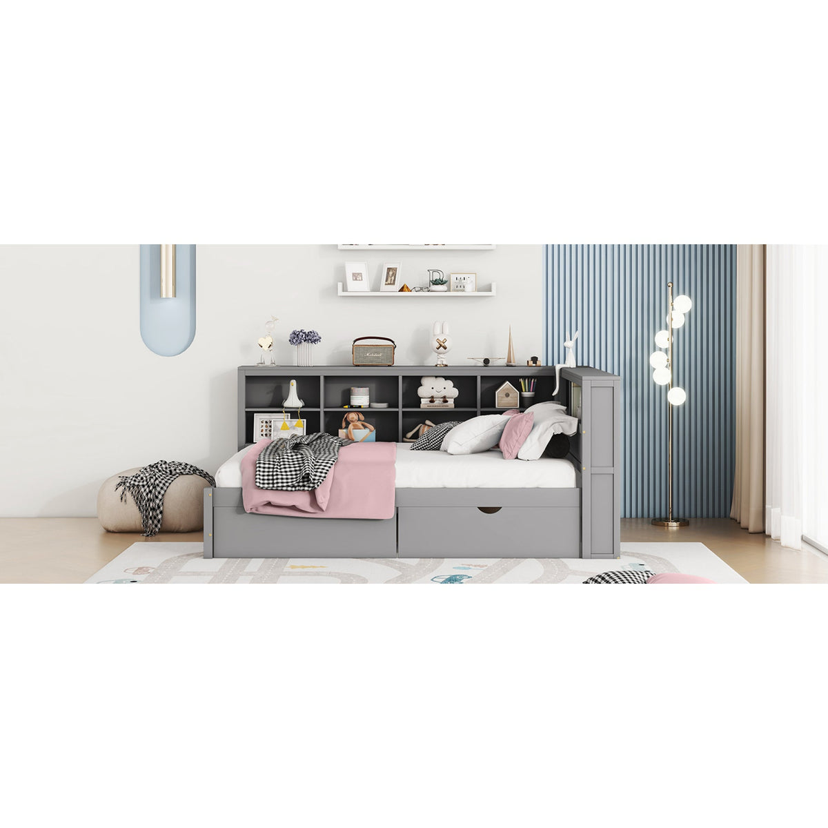 Roomfitters Wooden Full Size Daybed with Versatile Storage Shelf and USB Charging Ports, Functional Design for Modern Living, Grey