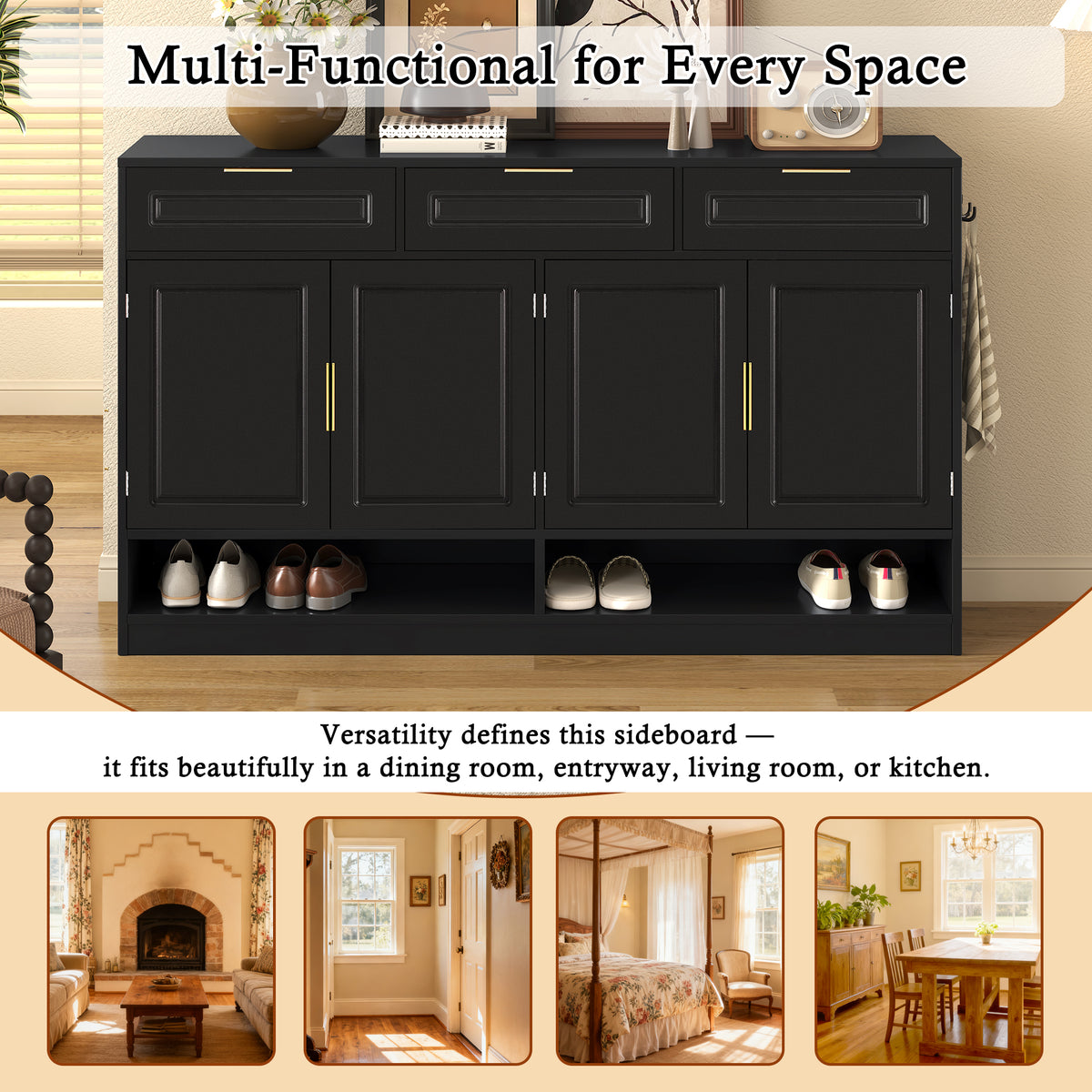 variant-group:rf-n711p345213b|Roomfitters 59.1" Farmhouse Sideboard Buffet Cabinet with 3 Drawers and 4 Doors, Kitchen Storage with Open Shelf, Black
