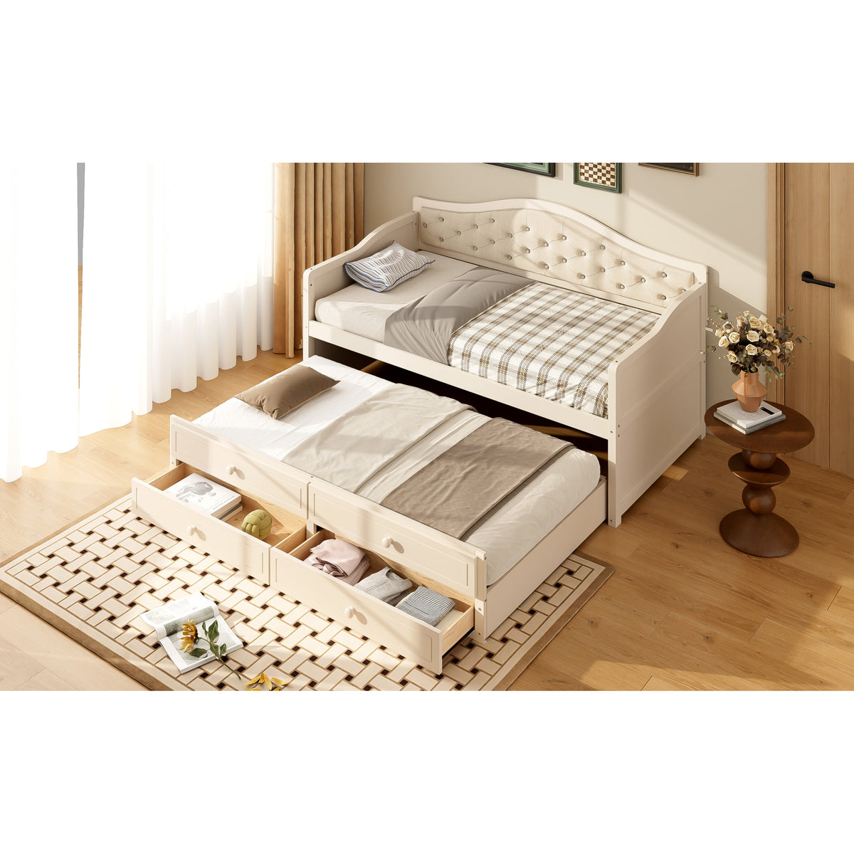 variant-group:rf-n733s346767a|Roomfitters Twin Daybed with Trundle, Wooden Sofa Bed with 2 Storage Drawers & Tufted Backrest, Beige