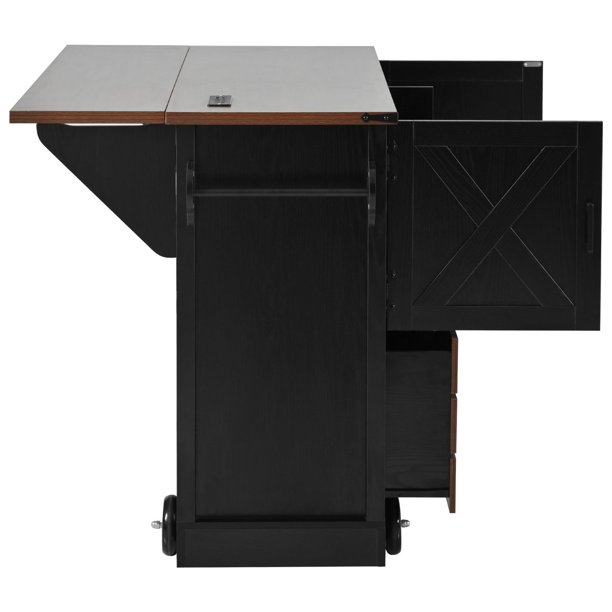 variant-group:rf-n707p349814b|Roomfitters 54" Farmhouse Kitchen Island with Drop Leaf, Power Outlet, Wine Rack, 2 Drawers, 2 Doors, Black