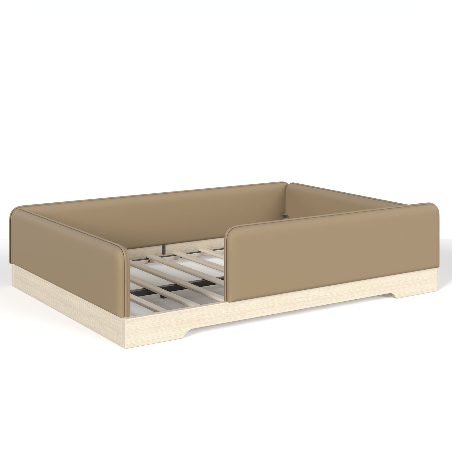 variant-group:rf-w1580s00672|Roomfitters Queen Size Upholstered Floor Bed Frame with Removable Guardrails, Faux Leather Low Profile Platform, Brown