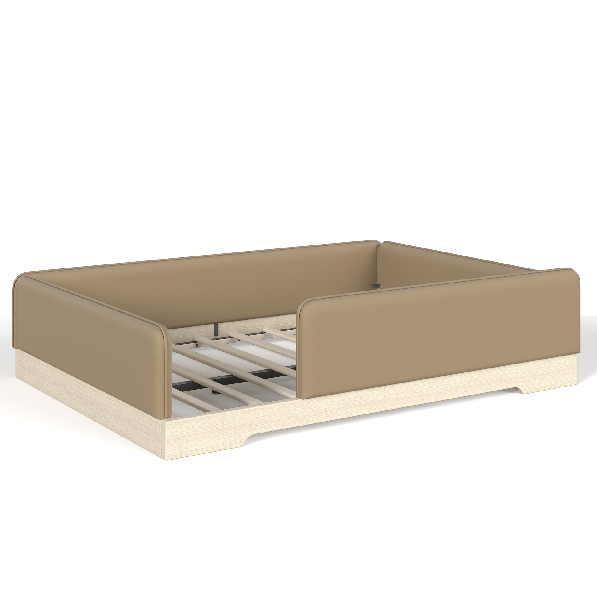 variant-group:rf-w1580s00672|Roomfitters Queen Size Upholstered Floor Bed Frame with Removable Guardrails, Faux Leather Low Profile Platform, Brown