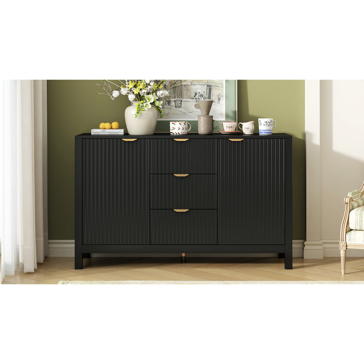 variant-group:rf-n711p269066b|Roomfitters Sideboard Buffet Cabinet with 3 Drawers, Mid-century Modern Fluted Accent Storage for Kitchen & Dining, Black