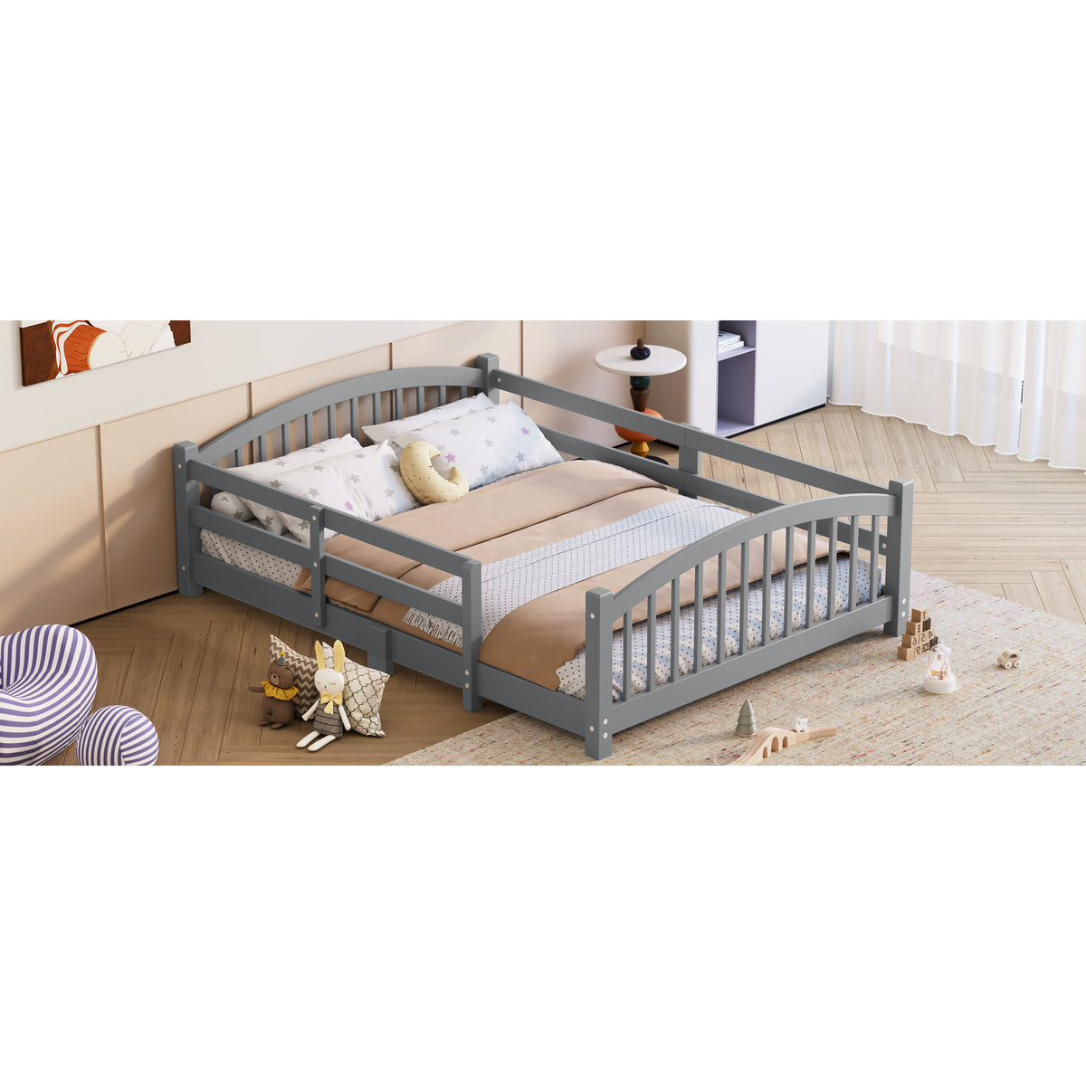 variant-group:rf-n733p400299e|Roomfitters Full Montessori Floor Bed with Guardrails, Solid Wood Low Platform Bed with Slats, Easy Assembly, Gray
