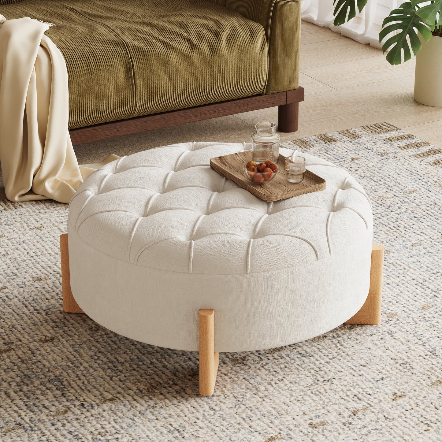 variant-group:rf-n723p405298a|Roomfitters 32 Inch Oversized Round Button-Tufted Ottoman, Upholstered Coffee Table Footrest with Wood Legs, Beige