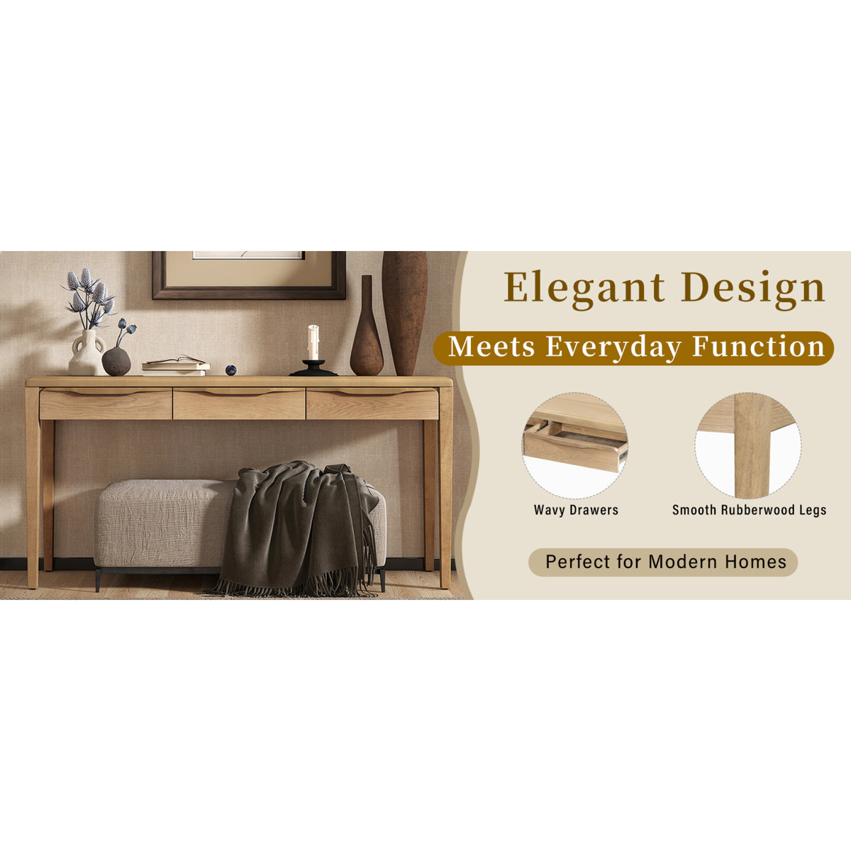 variant-group:rf-n711p401926n|Roomfitters Light Luxury Natural Oak Veneer Console Table with 3 Wavy Curved Drawers and Soft Rounded Corners