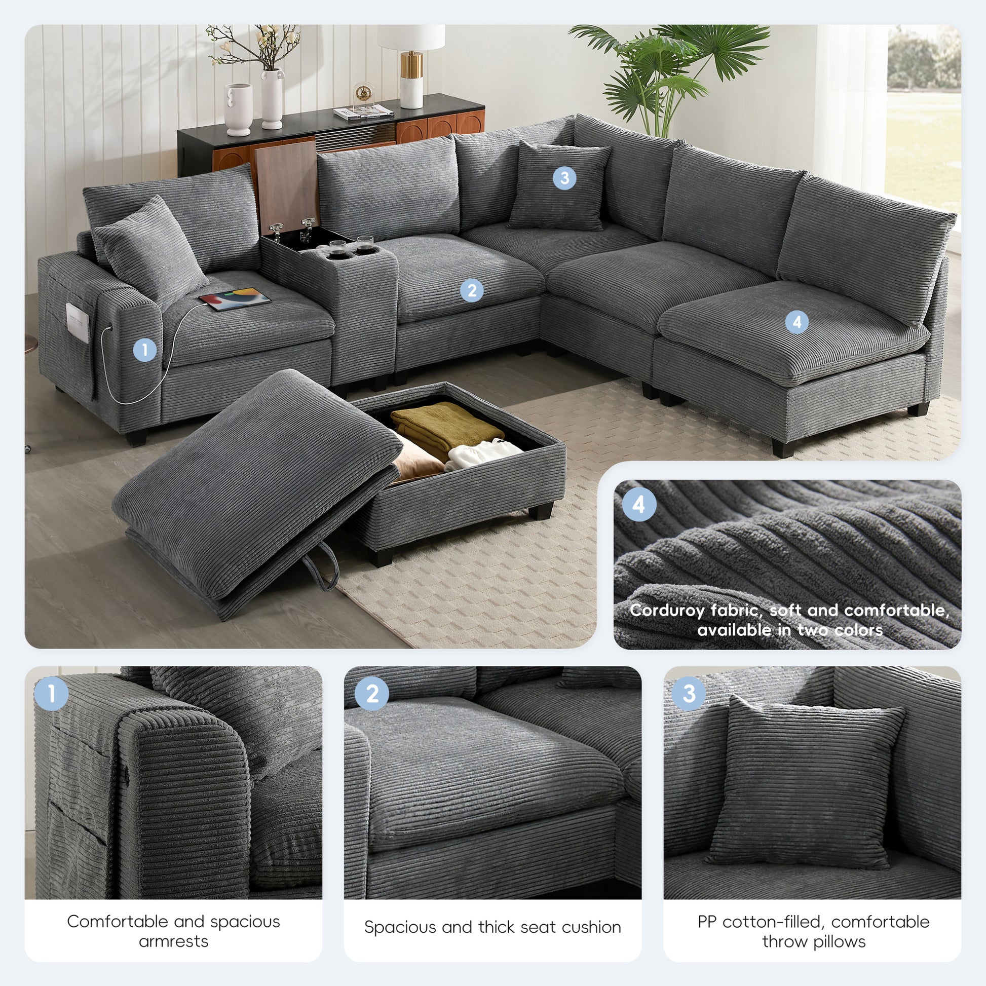 variant-group:rf-n723s1166e|Roomfitters 139 Inch U-Shaped Modular Sectional Sofa with Storage Console, Cup Holders and USB Ports for Living Room, Gray