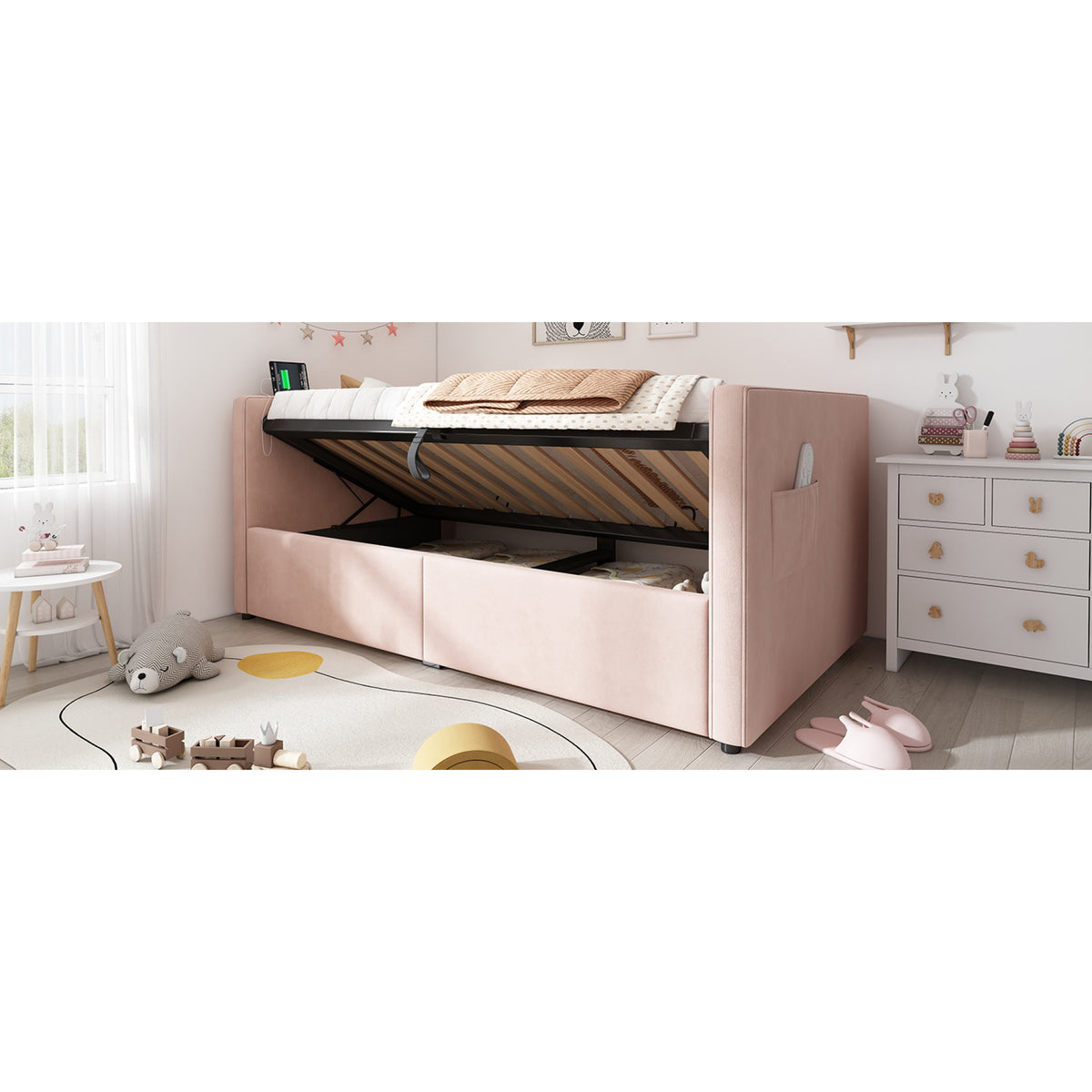 variant-group:rf-n736p303402p|Roomfitters Upholstered Twin Size Daybed with Storage, USB & Type-C Charging, Tufted Sofa Back, Velvet Pink
