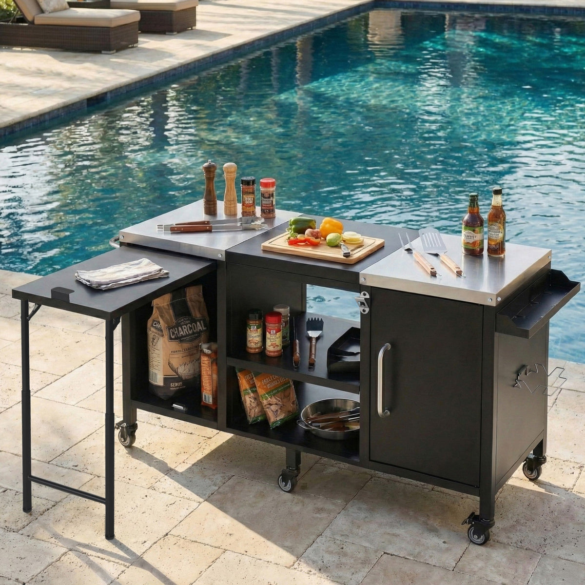 Roomfitters 72.4"W Extra Large Grill Cart, Outdoor Kitchen Prep Station with Stainless Steel Top and Folding Side Table, Black