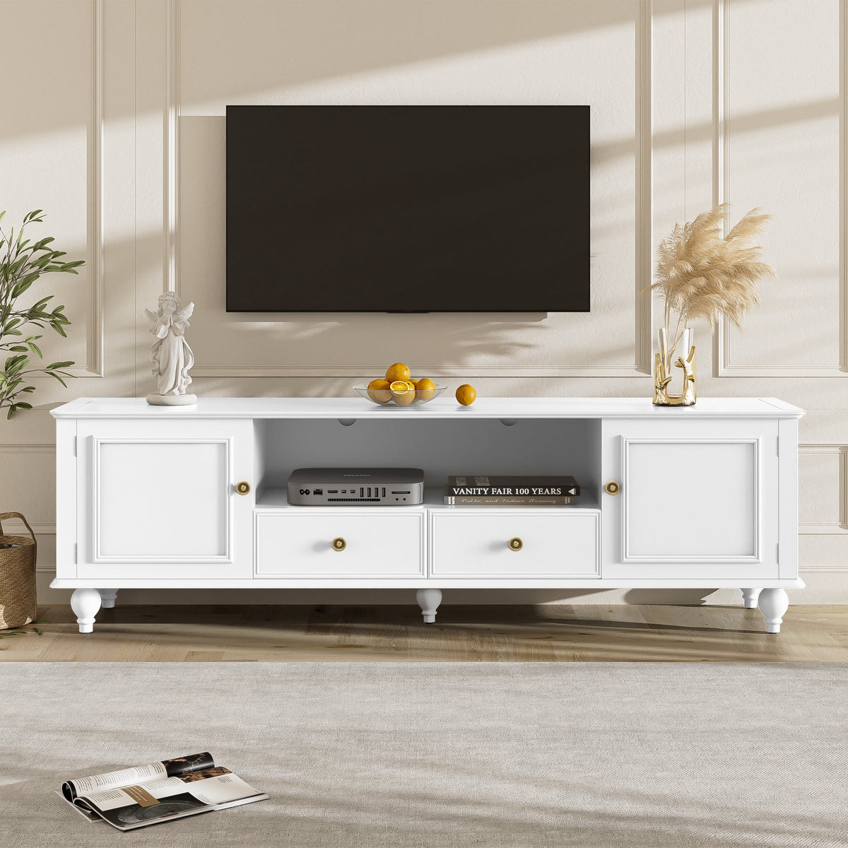 Roomfitters Modern TV Stand for up to 80 Inch TV, Entertainment Console with Drawers, Cabinets and Open Storage, White Roomfitters