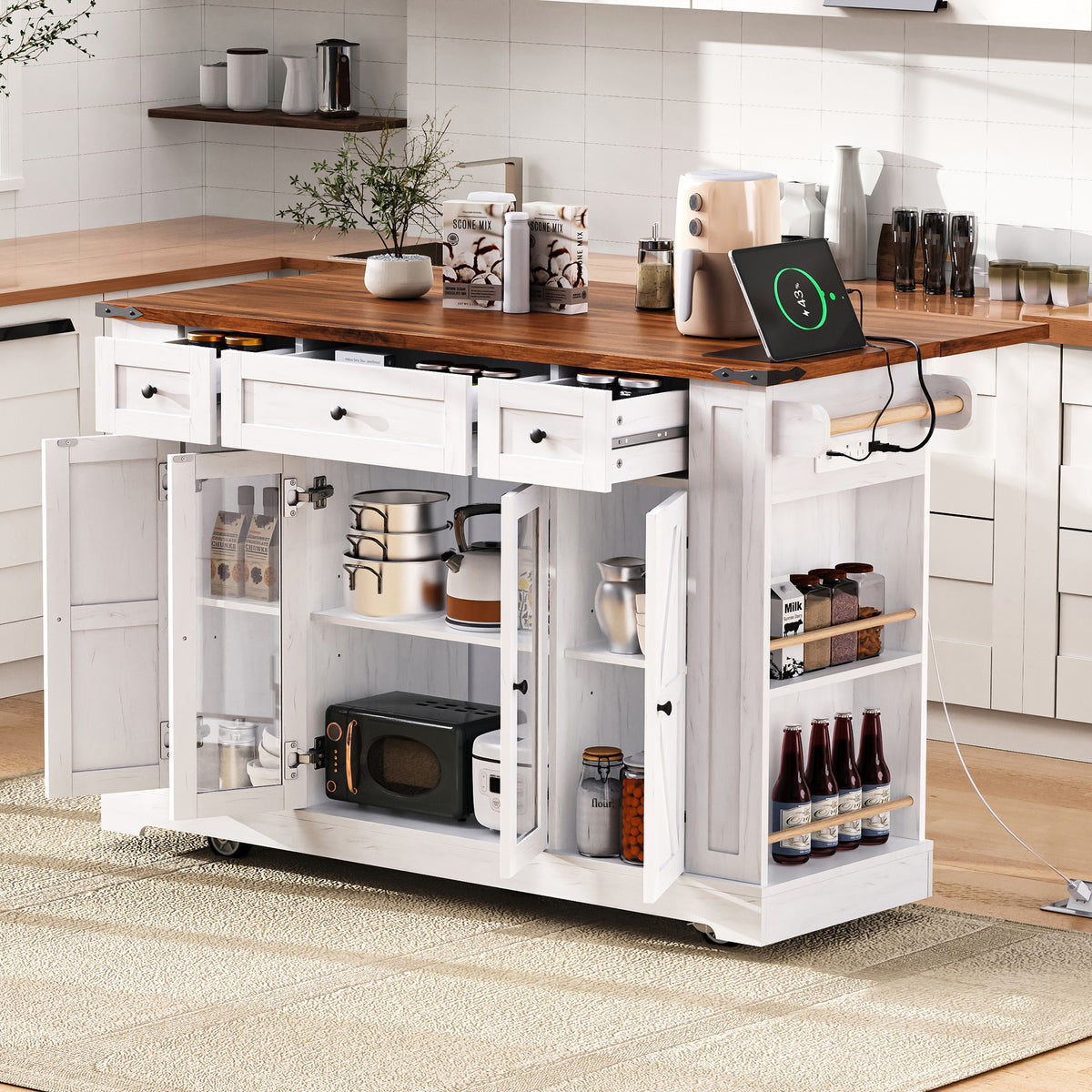 variant-group:rf-n707p263637w|Roomfitters 53" Rolling Kitchen Island with Drop Leaf, Mobile Cart with Glass Doors, 5 Side Shelves & Power Outlets, White