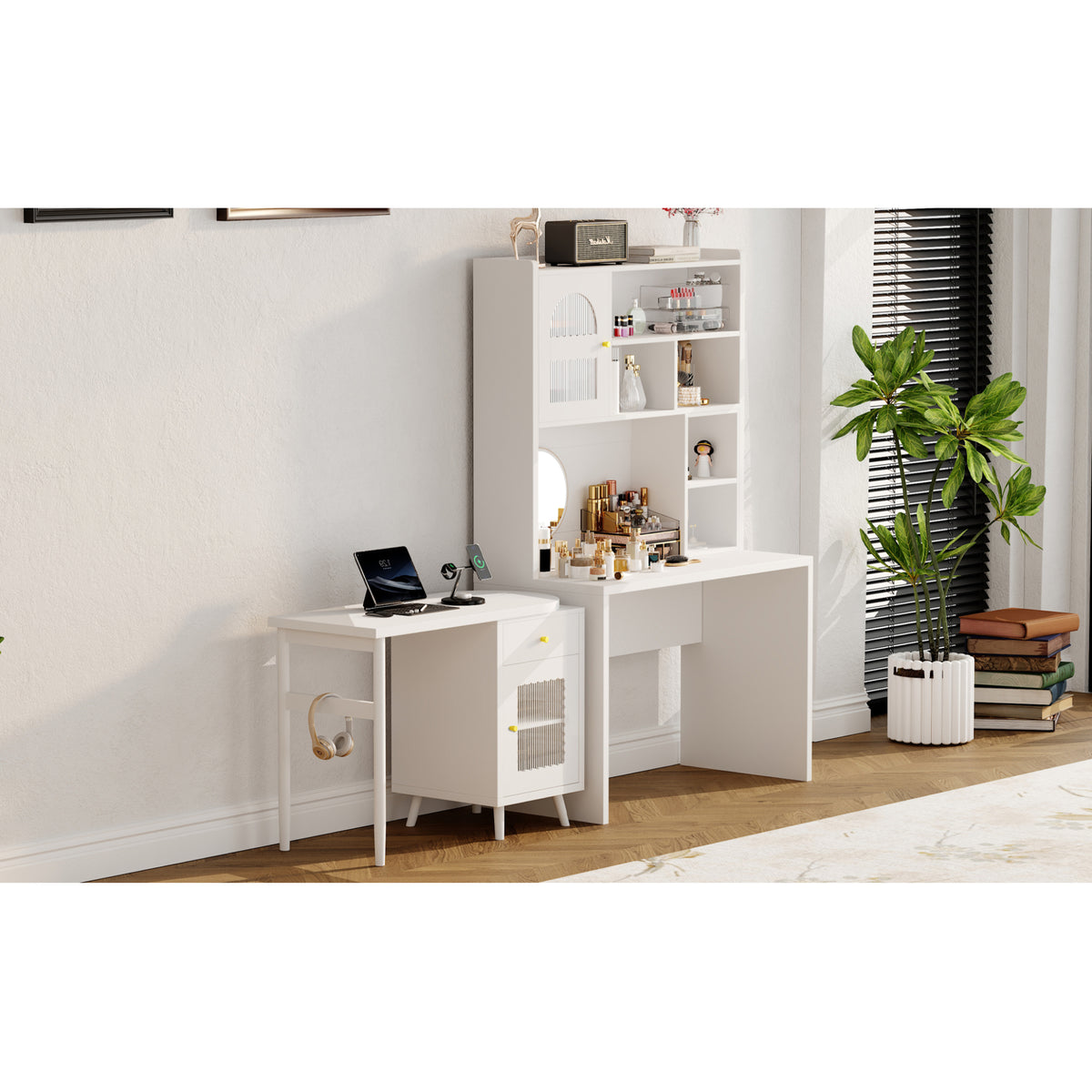 variant-group:rf-n733s363716k|Roomfitters Rotating L-Shaped Computer Desk with Shelves and Storage, 90° Swivel Office Writing Desk, White