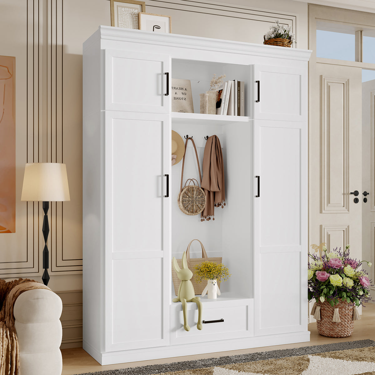 variant-group:rf-n724sj000140aak|Roomfitters 85.2" Hall Tree with Bench, 3 Hooks, 4 Doors, 1 Drawer and Adjustable Storage Shelves, White