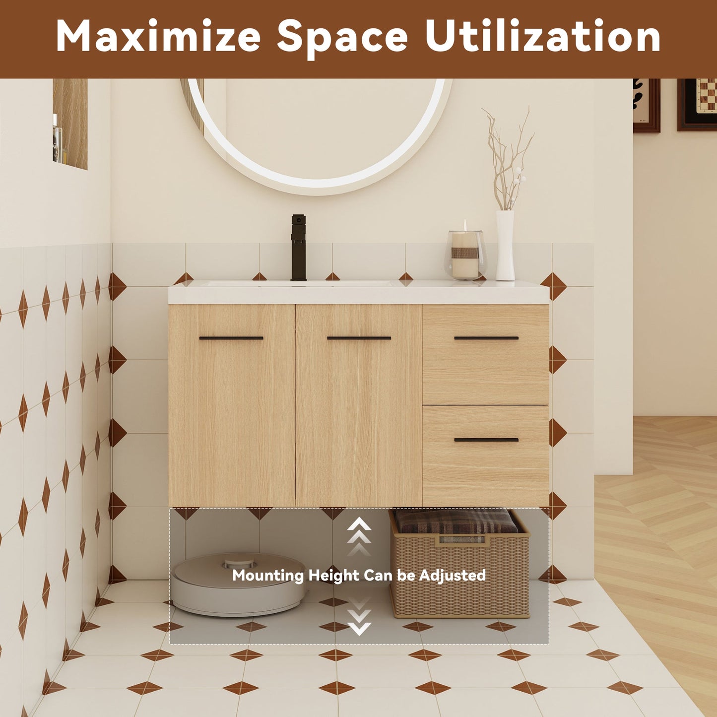 36" Wall-Mounted Floating Bathroom Vanity with Sink, Light Oak, 2-Door & 2-Drawer Modular Cabinet, Gel Coat Sink Top, 3 Boxes Roomfitters